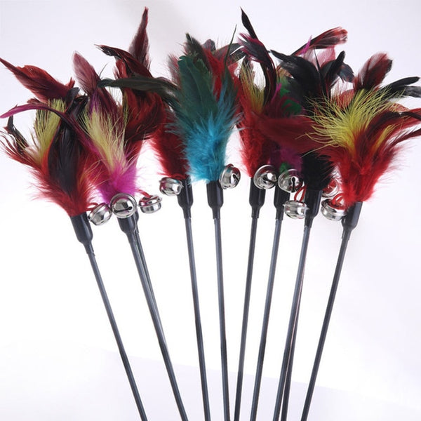1PCS Hot Sale Cat Toys Make A Cat Stick Feather With Small Bell Natural Like Birds Random Color Black Coloured Pole